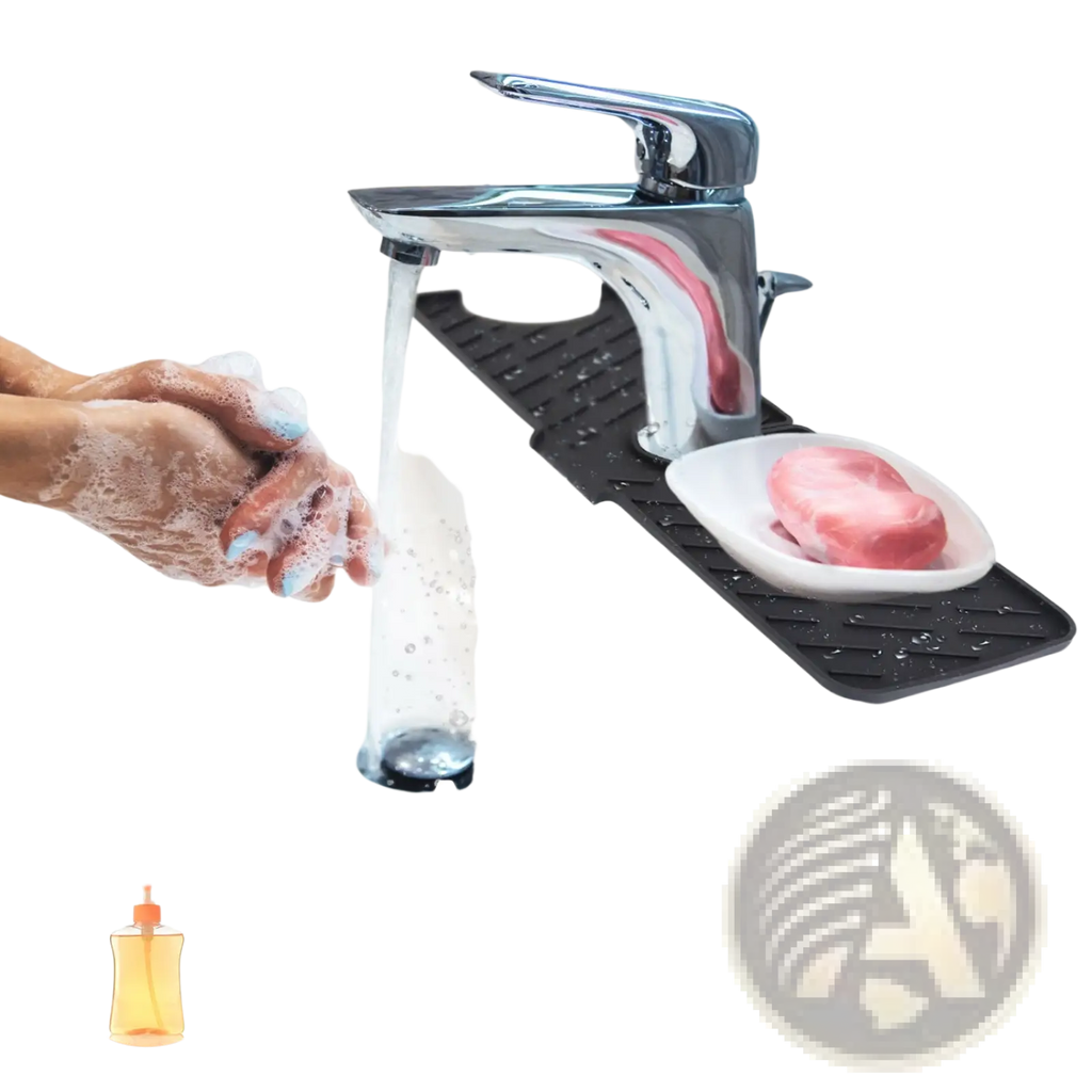 Chrome-finished faucet with sleek modern design and integrated water flow control on silicone kitchen sink splash guard pad