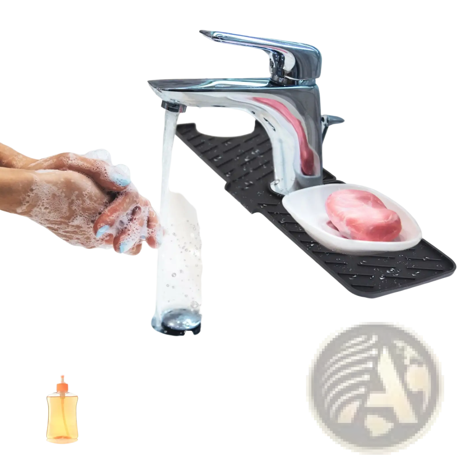 Chrome-finished faucet with sleek modern design and integrated water flow control on silicone kitchen sink splash guard pad