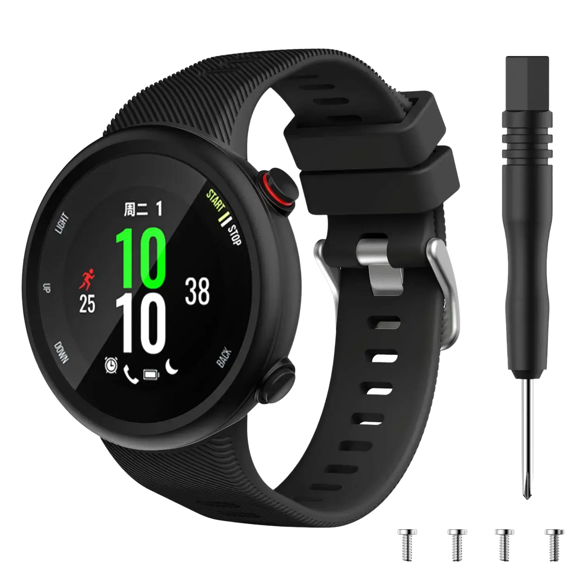 Black silicone Garmin Forerunner 45 sport watch with green digital display and silver buckle for high quality Garmin swim use