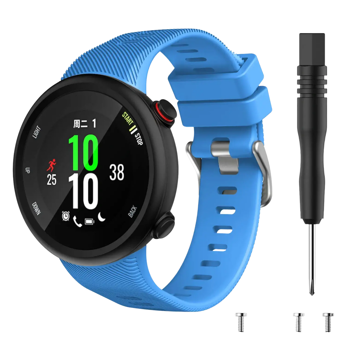 Blue silicone garmin forerunner and garmin swim watch band with silver buckle and high quality replacement tools