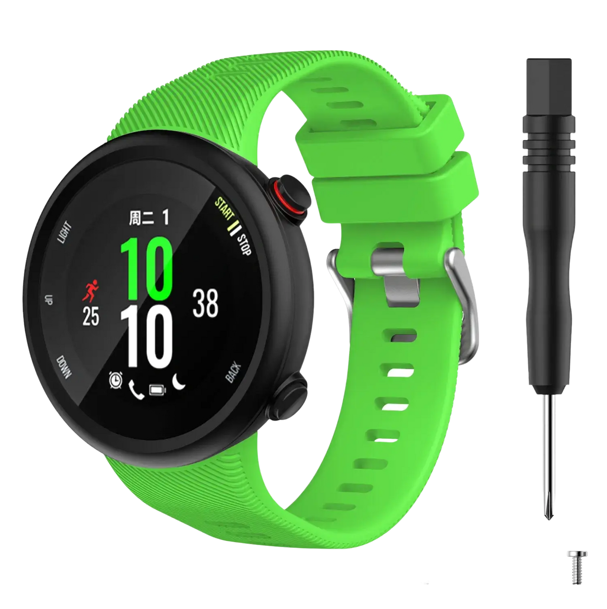 Bright green high quality silicone garmin forerunner swim band with silver buckle and matching screws
