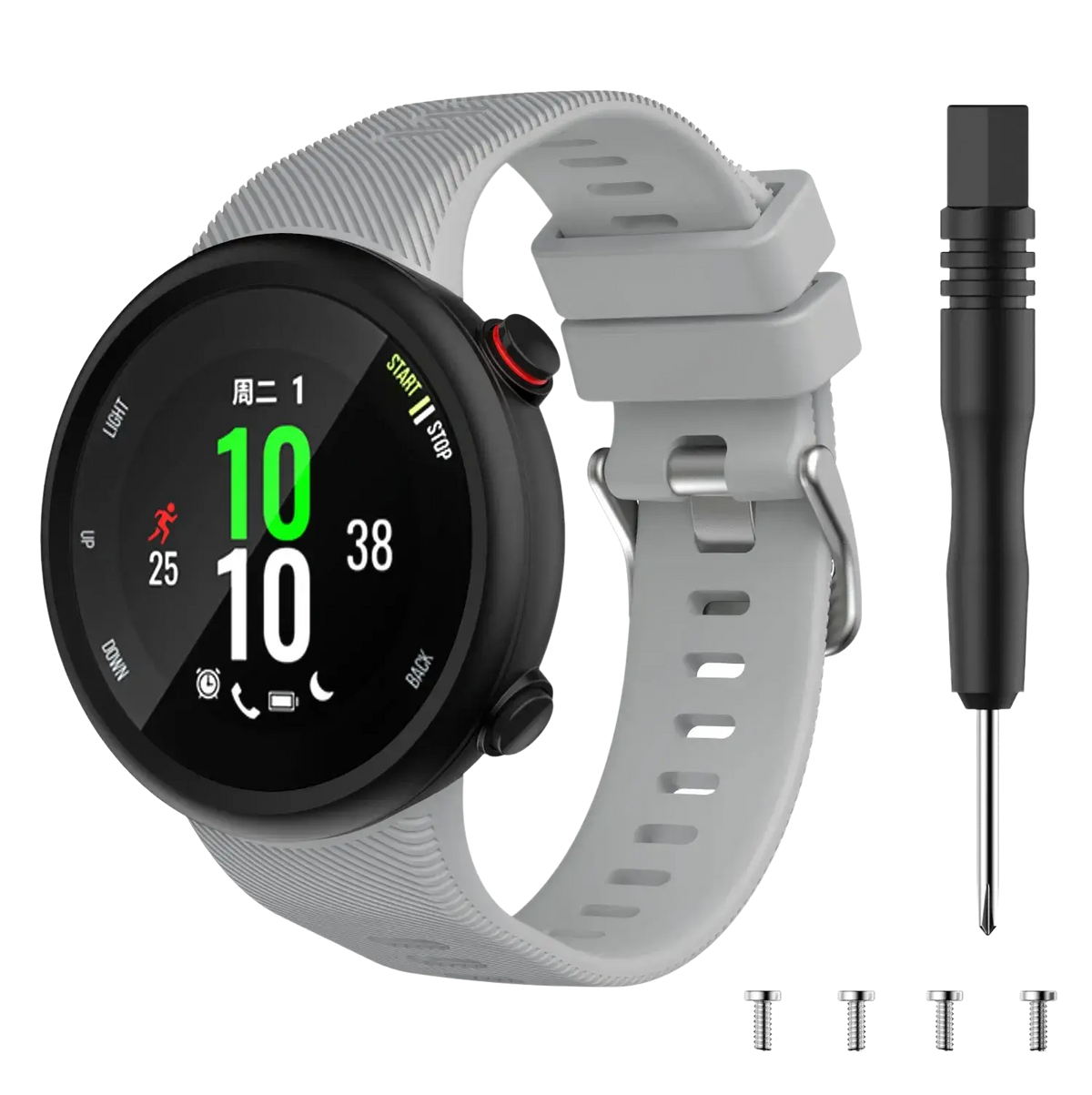 Gray high quality silicone Garmin Forerunner 45 and Garmin Swim band with black face and silver buckle shown with screwdriver tool