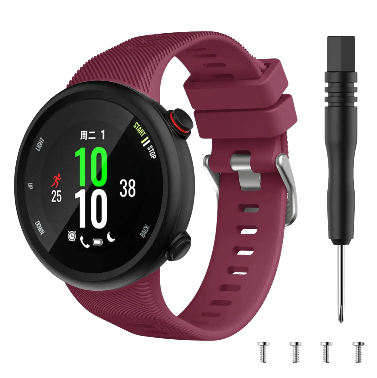 Maroon silicone garmin forerunner and garmin swim sport watch band with silver buckle and high quality replacement screws