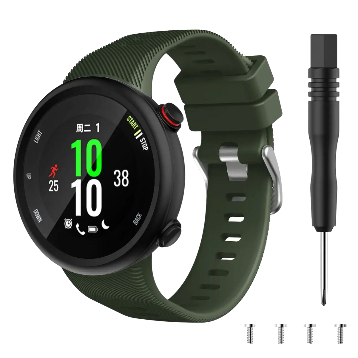 Olive green silicone garmin forerunner 45 and garmin swim band with black bezel and silver buckle high quality design