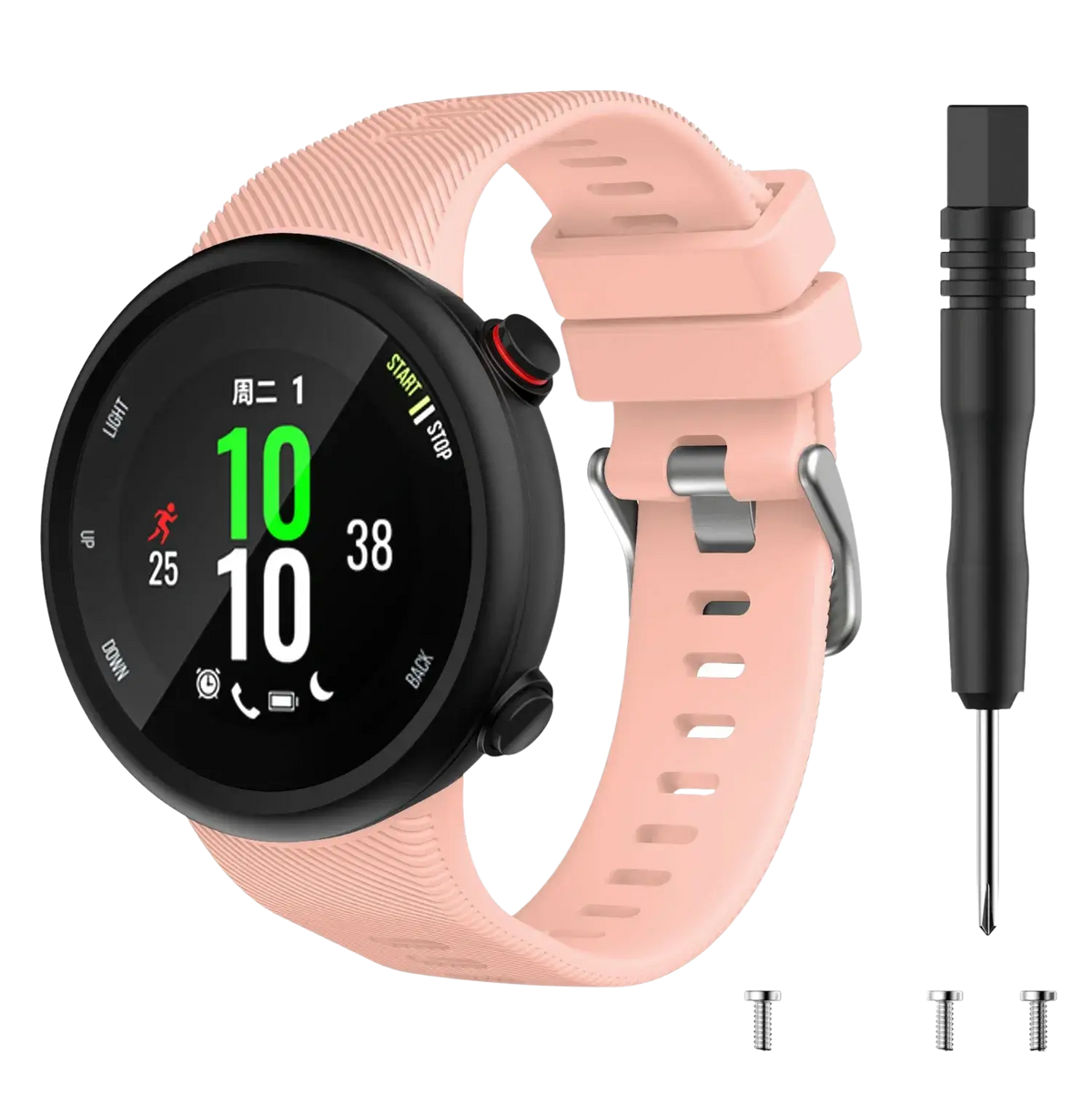 Pink high quality silicone garmin forerunner 45 and garmin swim band with silver buckle and screws alongside black screwdriver