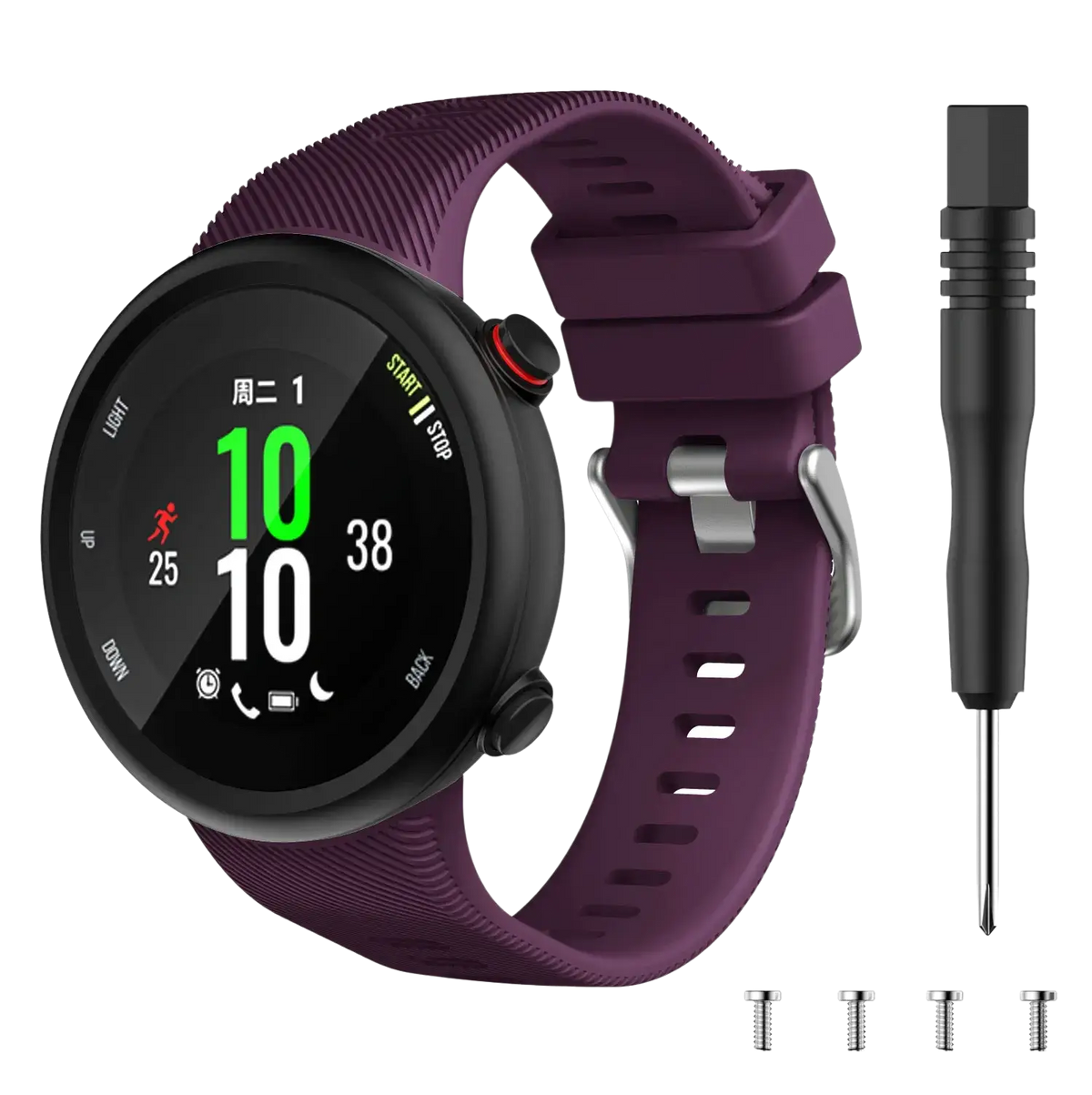 Purple silicone garmin forerunner and garmin swim watch band with silver buckle and screws shown with screwdriver for replacement