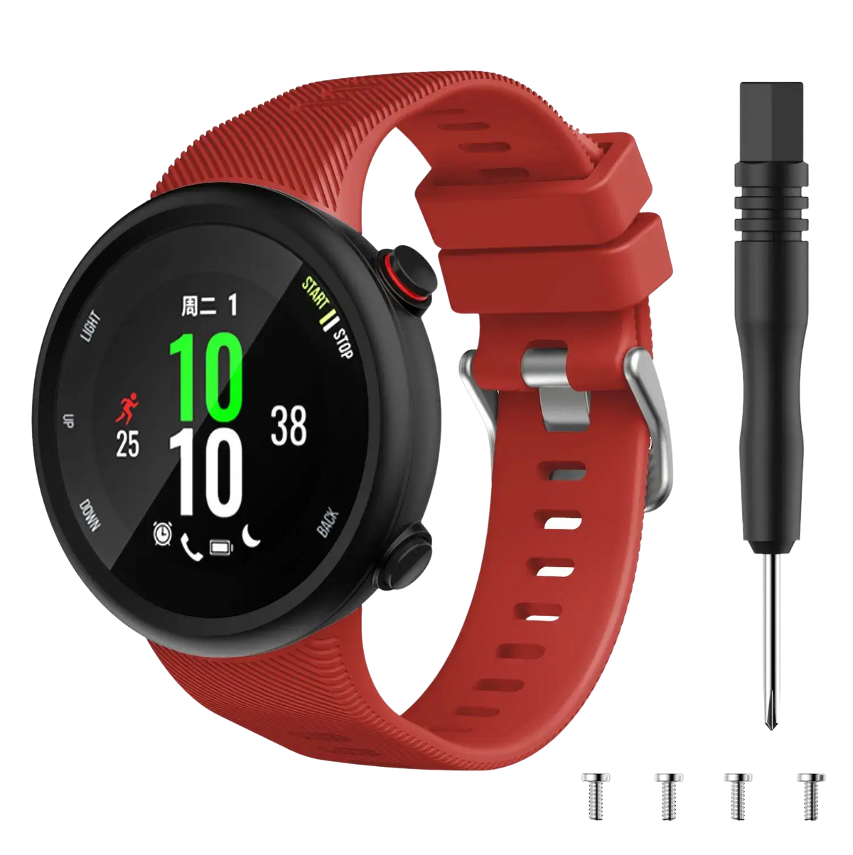 Red silicone high quality garmin forerunner and garmin swim replacement band with silver buckle and black screwdriver