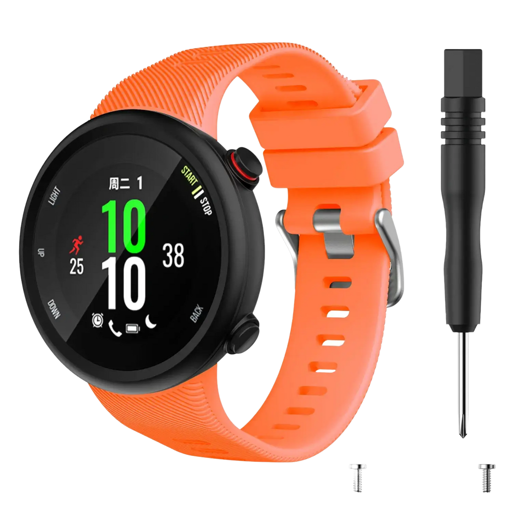 Vibrant orange high quality silicone garmin forerunner and garmin swim watch band with black buckle and silver hardware