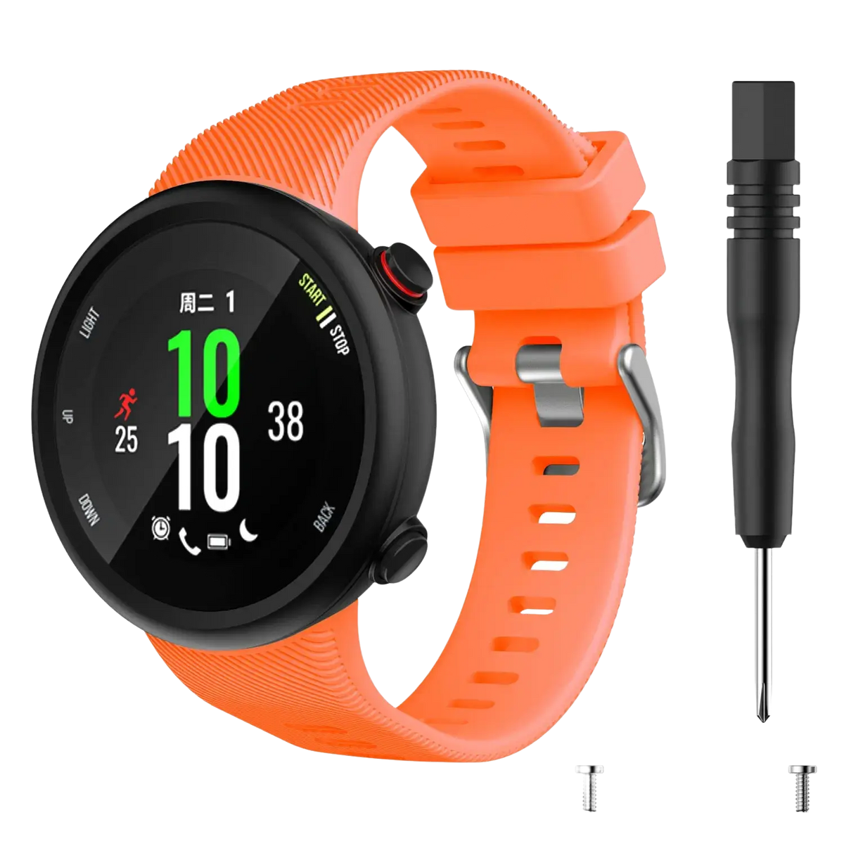 Vibrant orange high quality silicone garmin forerunner and garmin swim watch band with black buckle and silver hardware