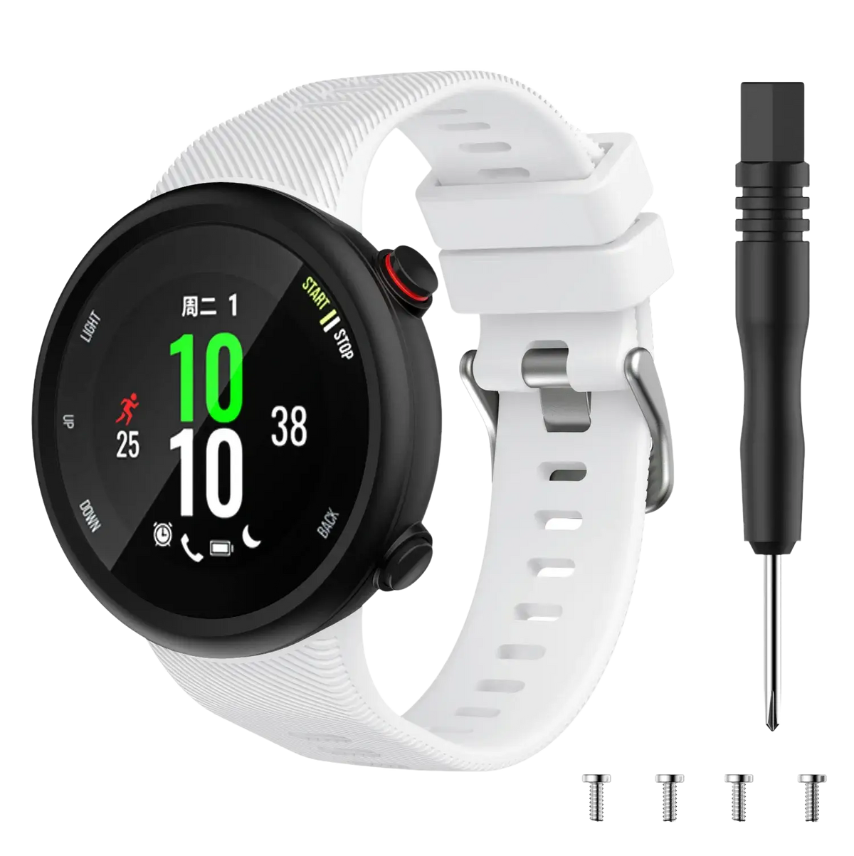 White silicone sport watch band with black bezel and silver buckle for garmin forerunner 245 and garmin swim high quality band