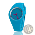 Silicone geneva women quartz watch with a vibrant turquoise silicone strap face pink hands and purple hour markers