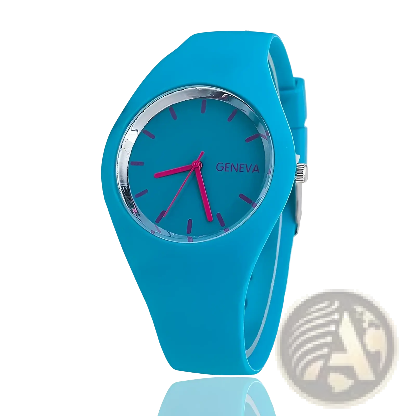 Silicone geneva women quartz watch with a vibrant turquoise silicone strap face pink hands and purple hour markers