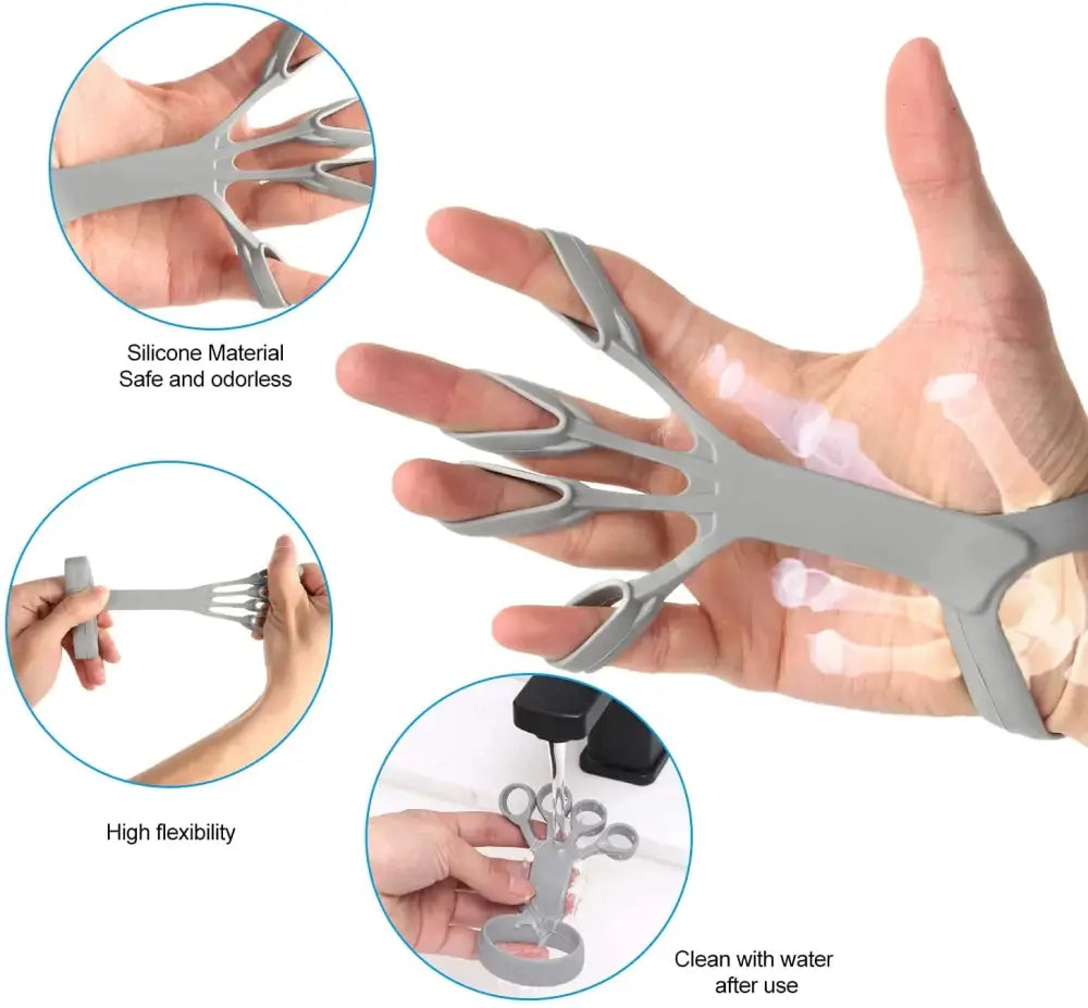 Gray silicone finger stretcher and hand grip strength trainer with a flexible ergonomic design for hand strength training