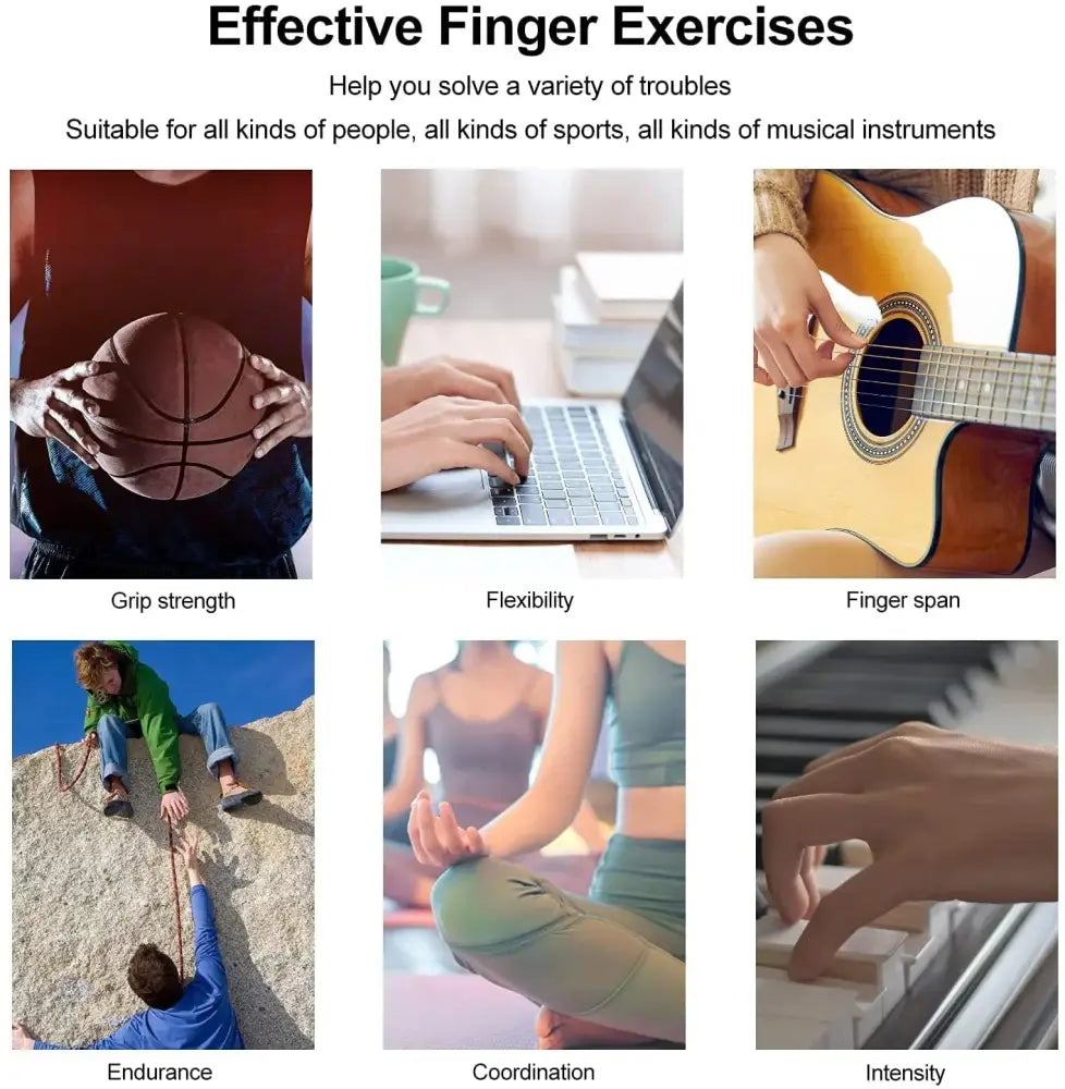 Image of a silicone finger stretcher and hand grip strength trainer showing six finger exercises with labeled benefits