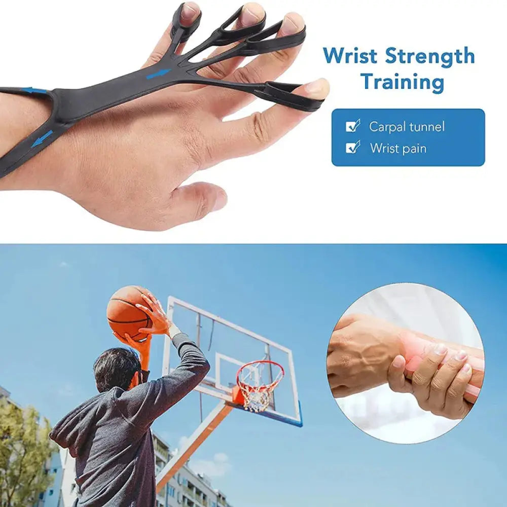 Black silicone finger stretcher and hand grip strength trainer with blue accents for carpal tunnel and wrist pain relief