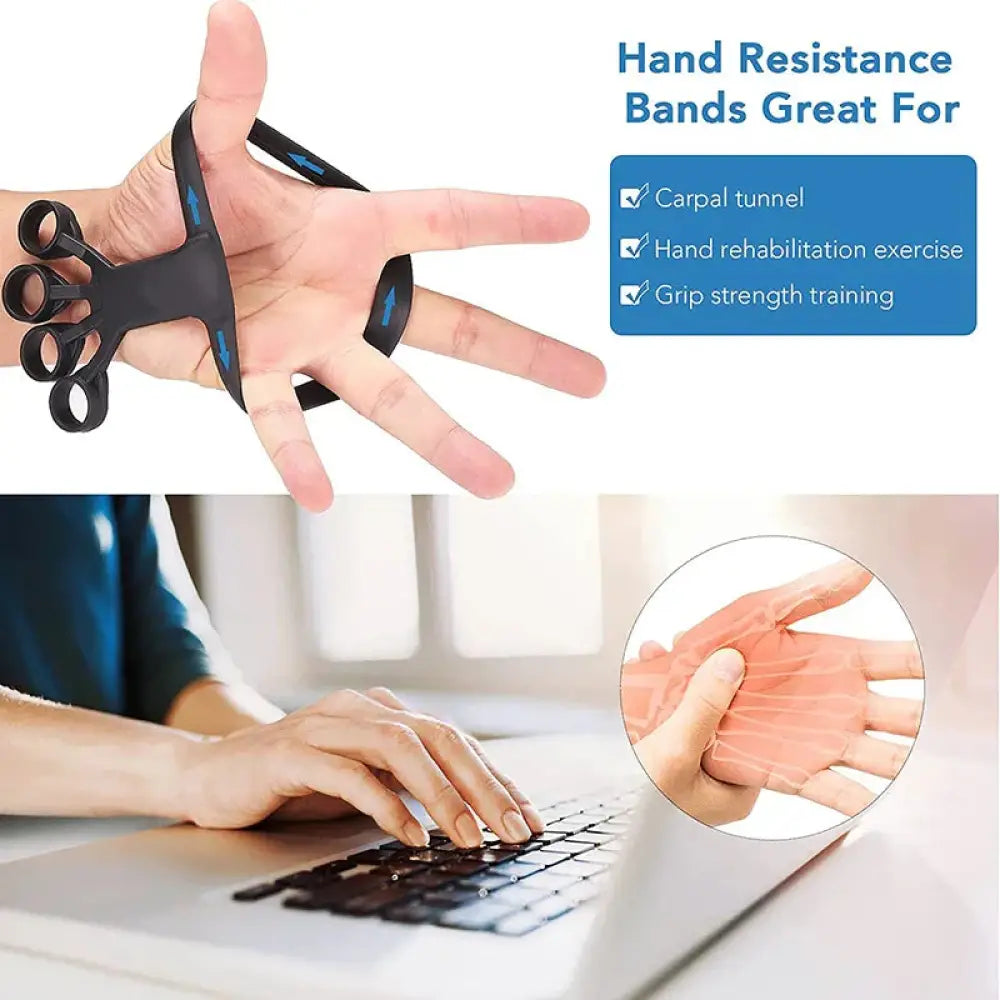 Black silicone finger stretcher and hand grip strength trainer with blue accents for grip and carpal tunnel relief