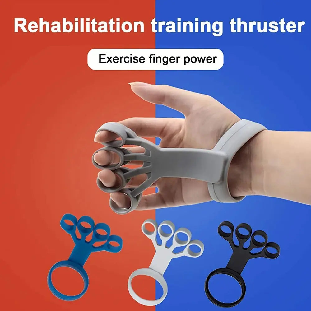 Gray silicone finger stretcher and hand grip strength trainer designed for finger rehabilitation and strength exercise