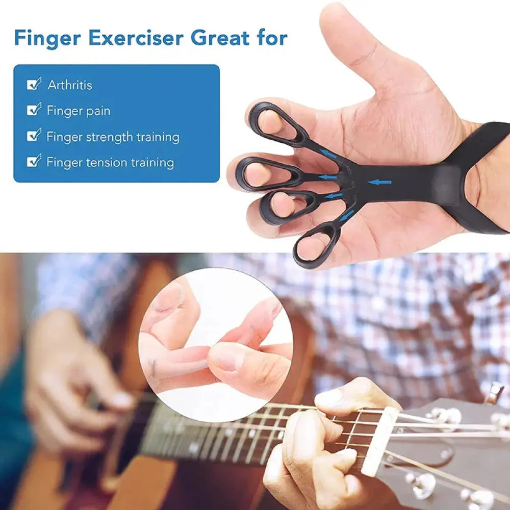 Black silicone finger stretcher and hand grip strength trainer with adjustable wrist strap and three interlocking loops