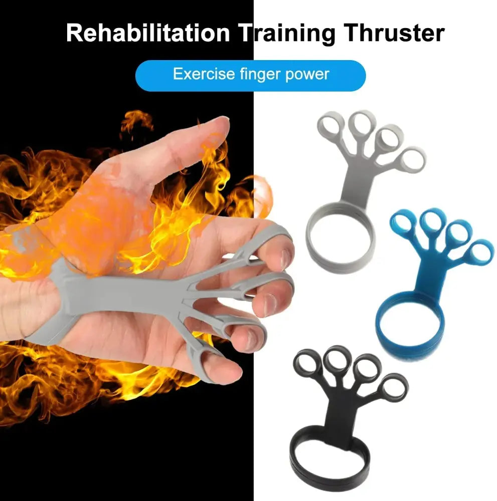 Silicone finger stretcher and hand grip strength trainer in gray plastic with finger loops and circular grip shown with variants