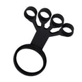 Black silicone finger stretcher and hand grip strength trainer with four loops and a larger base ring for finger exercise