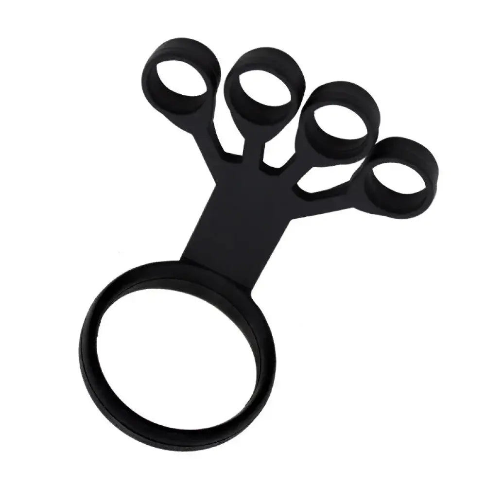 Black silicone finger stretcher and hand grip strength trainer with four loops and a larger base ring for finger exercise