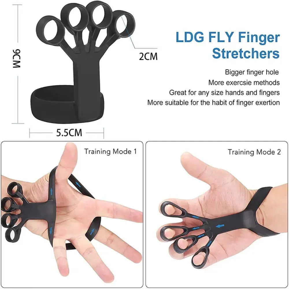 Black silicone finger stretcher with adjustable finger holes and wrist strap for hand grip strength training