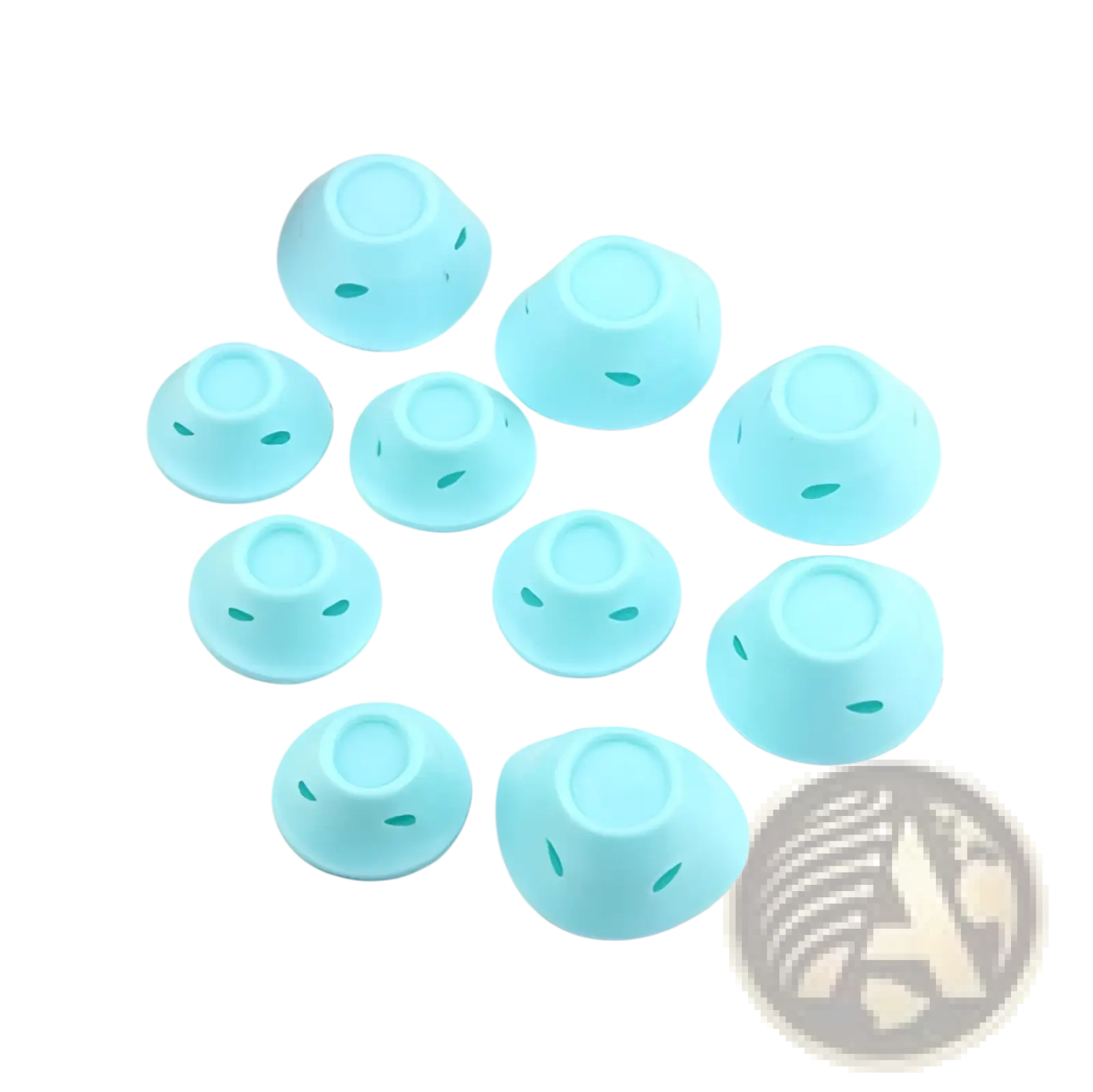 Light blue silicone hair curlers with small green leaf-shaped cutouts soft rubber no heat rollers 10pc