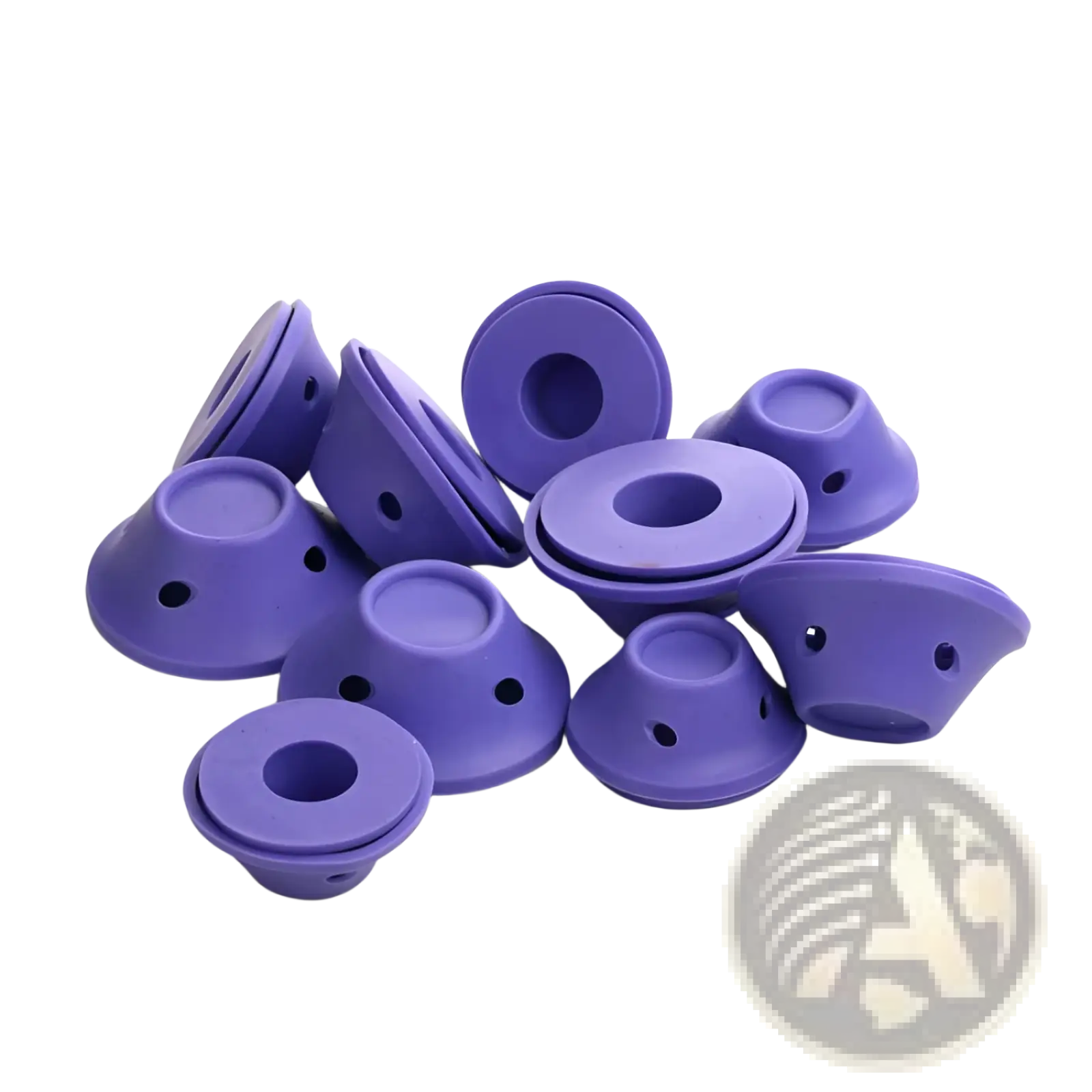 Purple silicone suction cup feet with circular bases and small holes for no heat soft rubber hair curlers 10pc