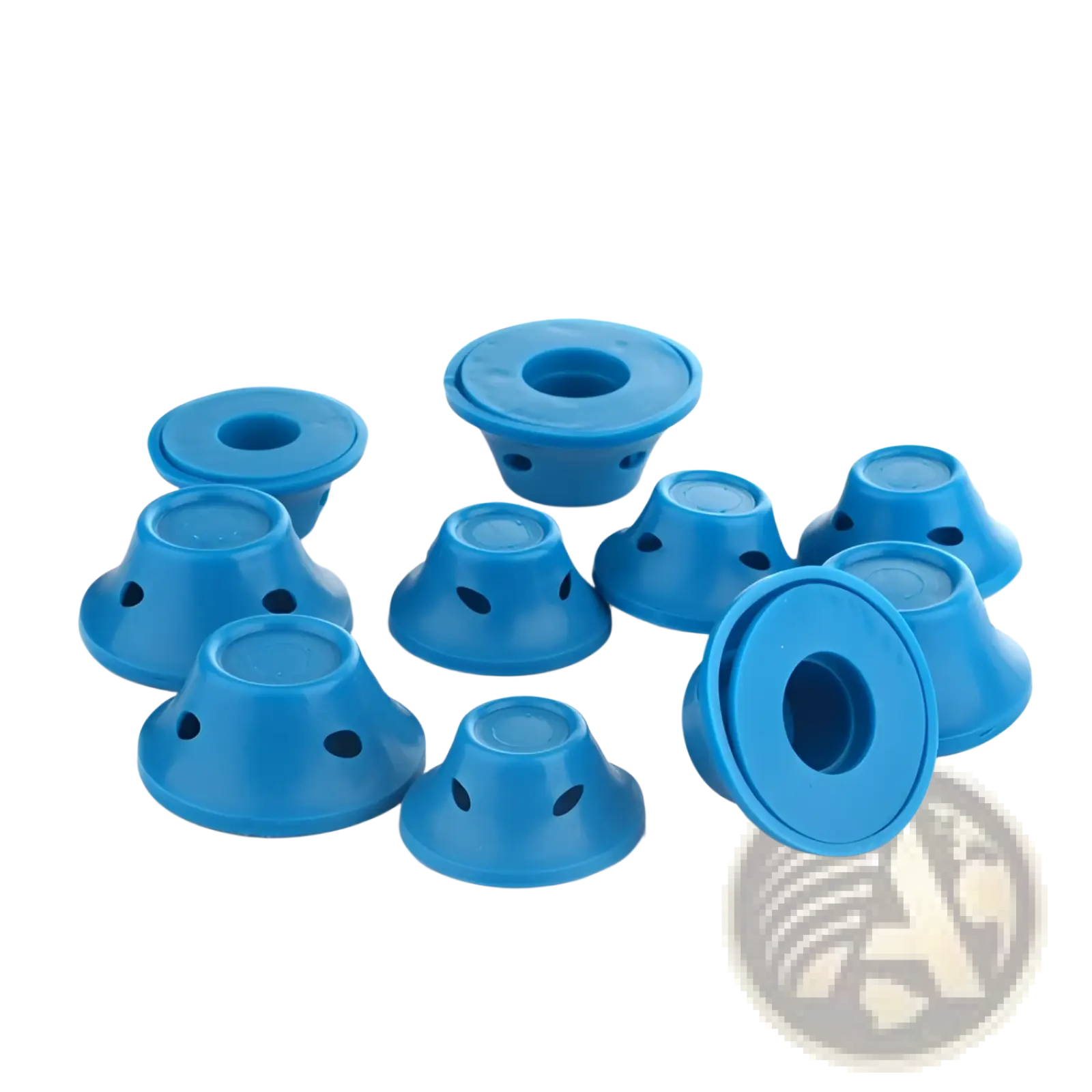 Blue plastic suction cup attachments with circular bases and inverted cone shapes for silicone hair curlers no heat rollers