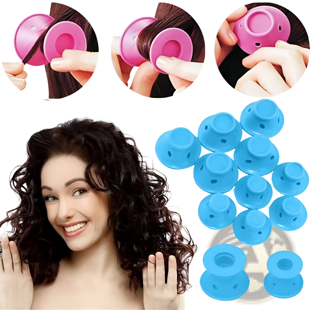 Set of pink and blue silicone hair curlers no heat soft rubber rollers for creating curls 10 piece