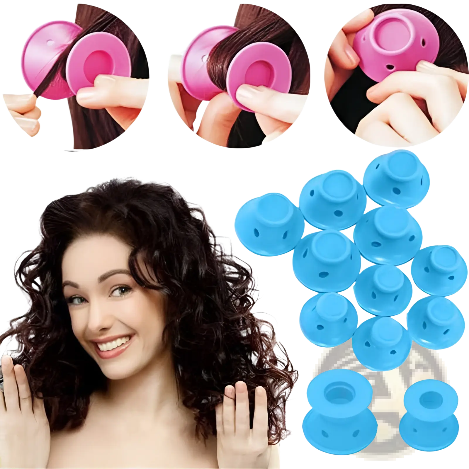 Set of pink and blue silicone hair curlers no heat soft rubber rollers for creating curls 10 piece