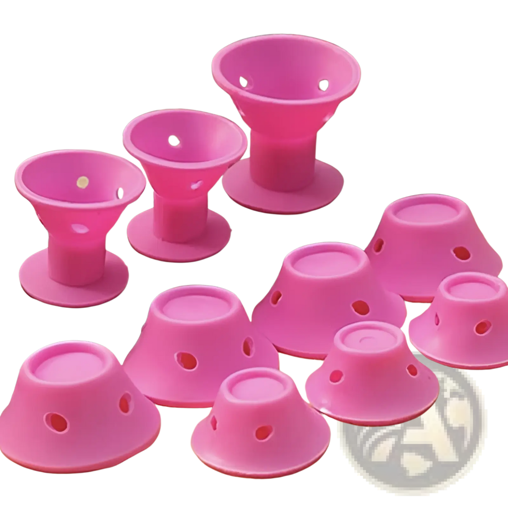 Bright pink silicone hair curlers no heat soft rubber rollers with circular bases and evenly spaced holes 10pc
