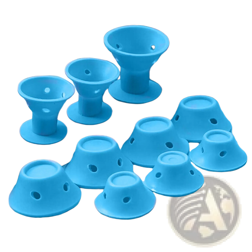 Blue silicone hair curlers with circular bases and ventilation holes no heat soft rubber rollers 10pc set
