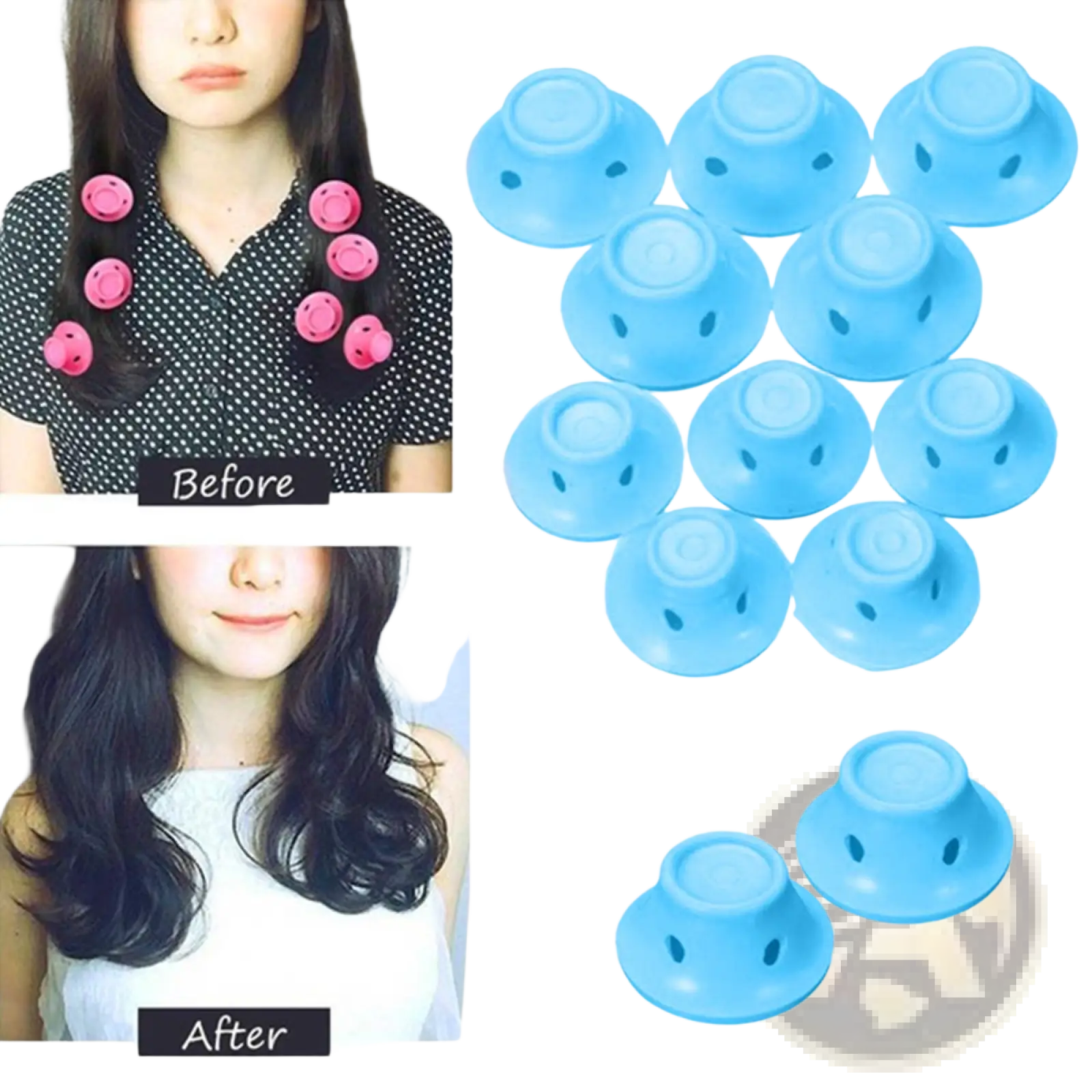 Pink and blue silicone hair curlers no heat soft rubber rollers with smiley face designs 10pc set