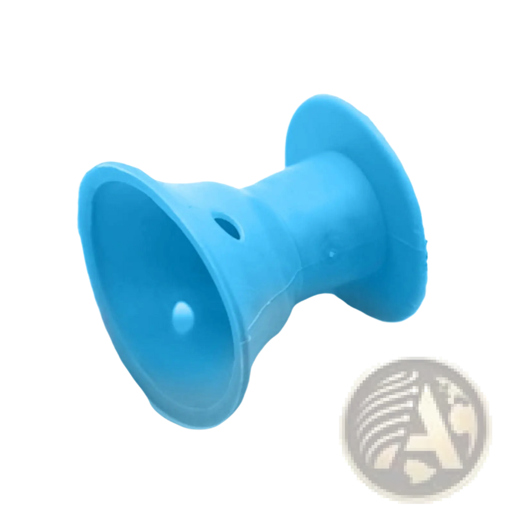 Blue silicone hair curler suction cup with central hole and flared edges soft rubber no heat roller accessory
