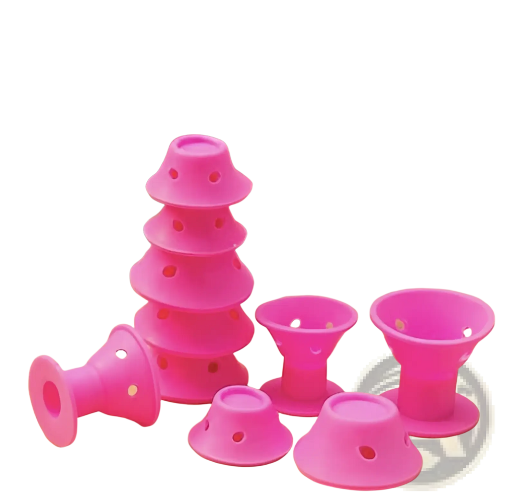 Bright pink silicone hair curlers soft rubber no heat rollers in various sizes for easy styling 10pc set