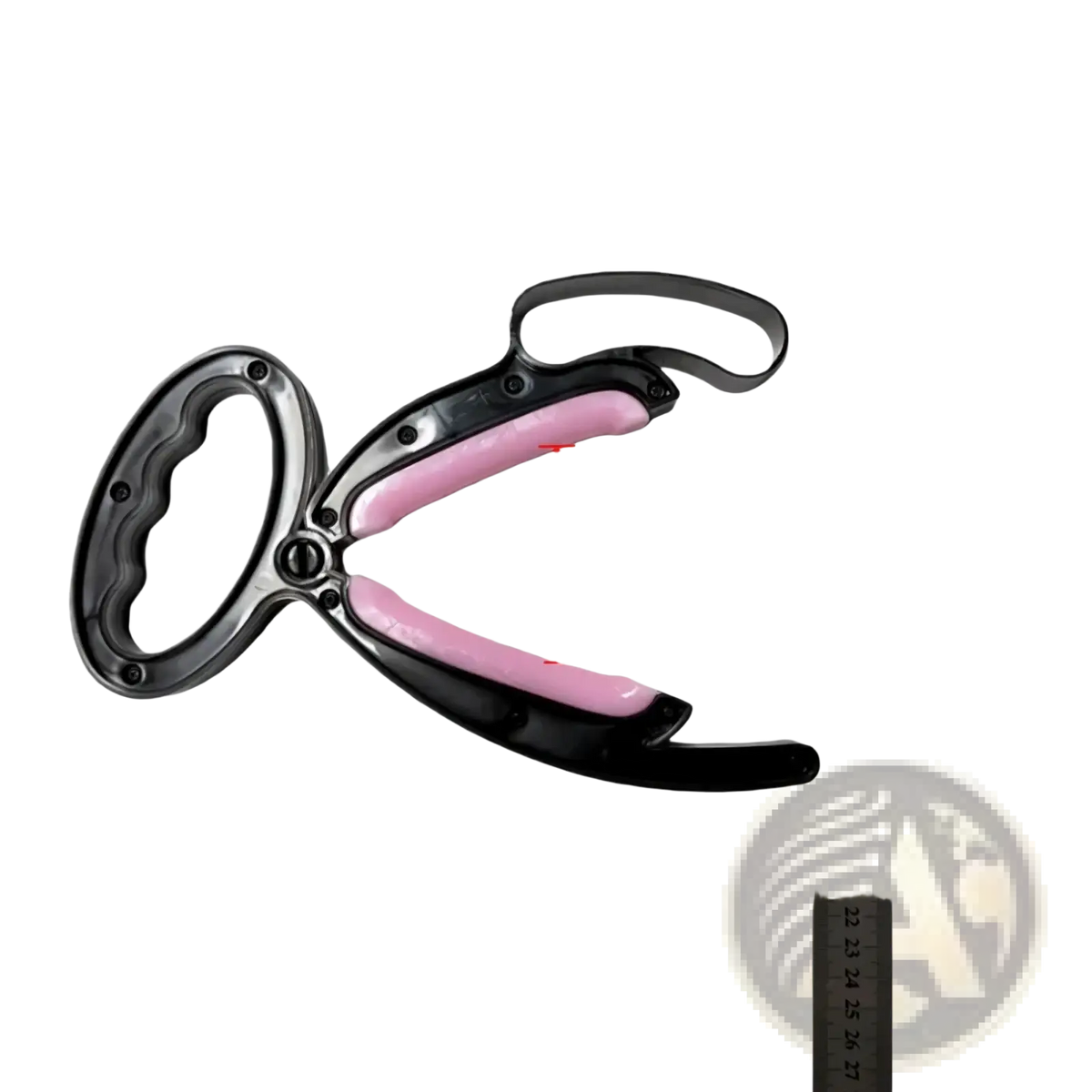 Black and pink plastic pet waste grabber with silicone hand grip exercise clip and ergonomic handles