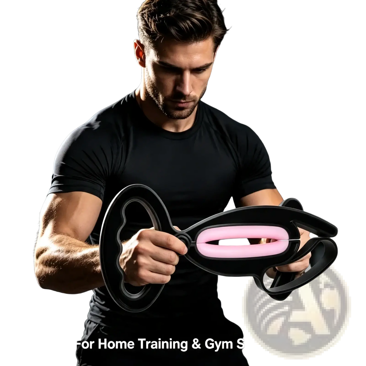 Black and pink silicone hand grip exercise clip with adjustable handles for portable arm workout at home or gym use
