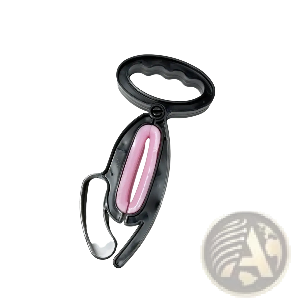 Black plastic pet waste grabber with a pink silicone hand grip exercise clip pouch for easy use and comfort