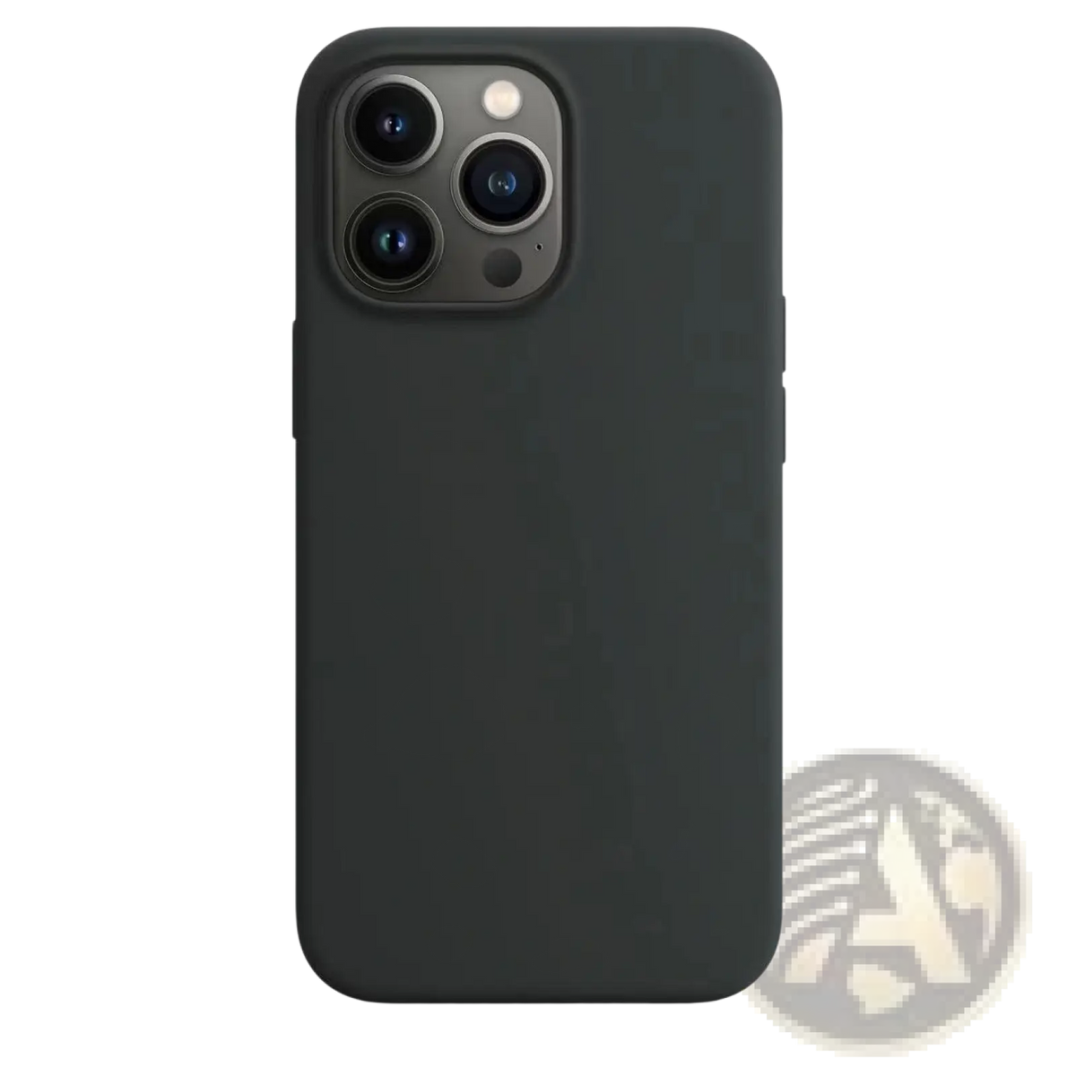 Back side of a black silicone iphone 13 pro max matte case featuring a smooth matte finish and durable design