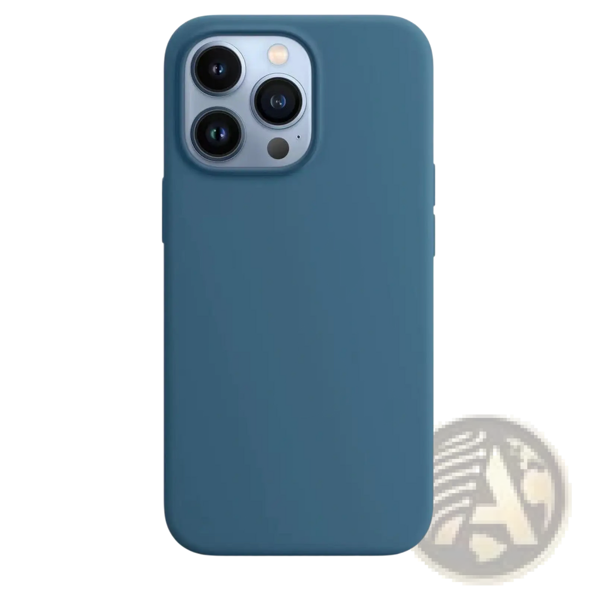 Matte teal silicone iphone 13 pro max case showing back side with precise cutout for triple-lens camera system