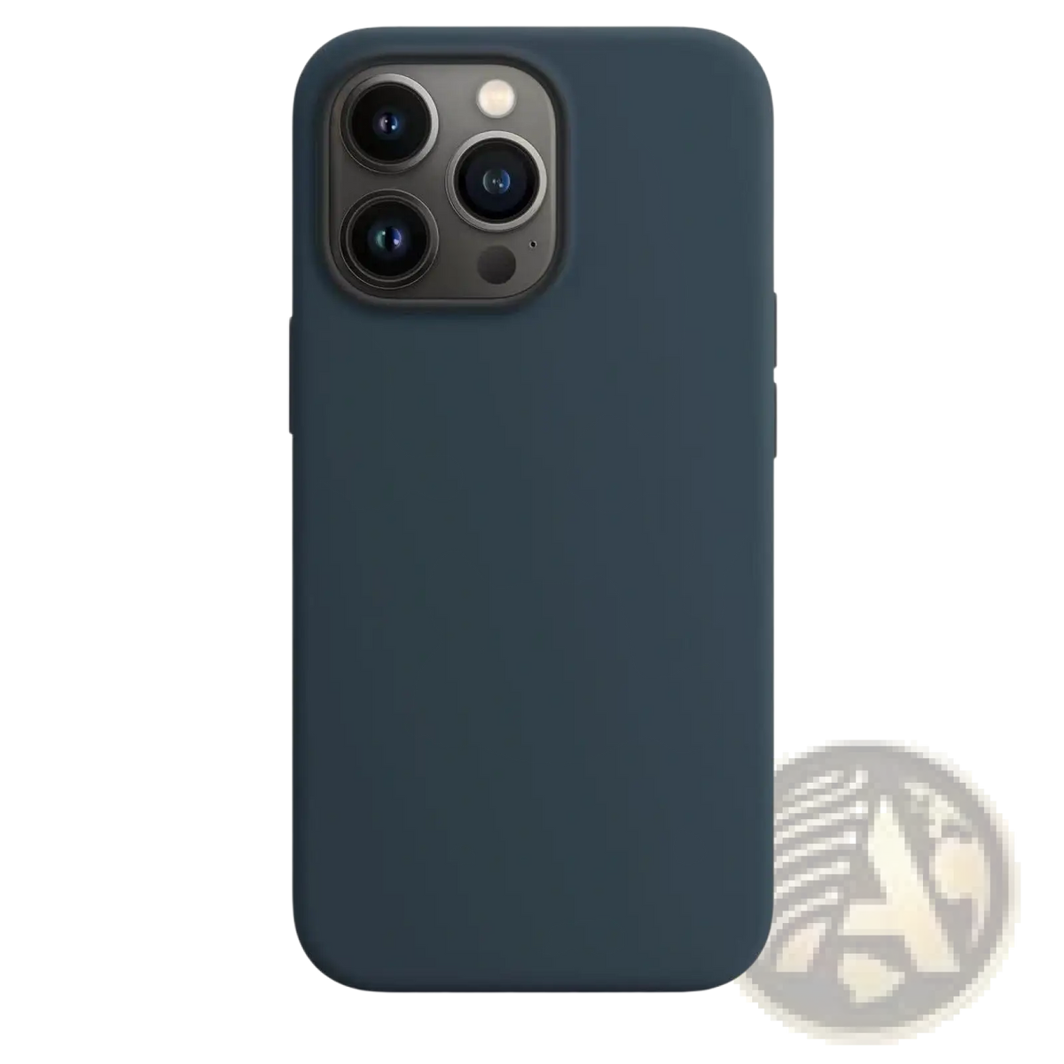 Dark blue silicone iPhone 13 Pro Max matte case with smooth finish and precise cutouts shown from the back side