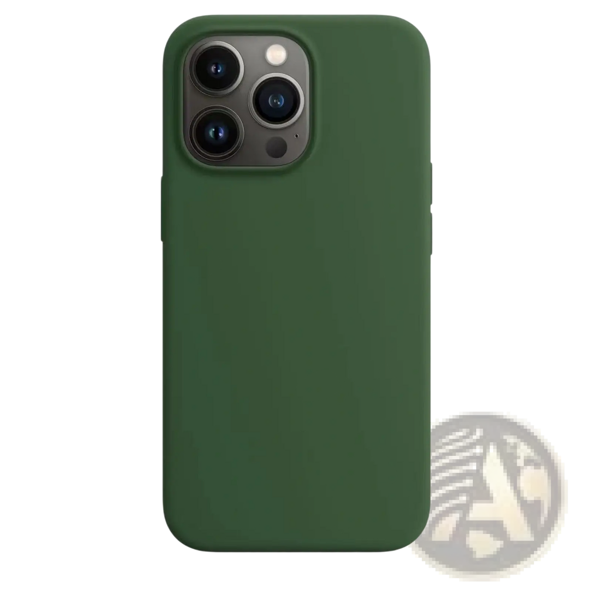 A sleek matte forest green silicone iphone 13 pro max case showing the back side of the product