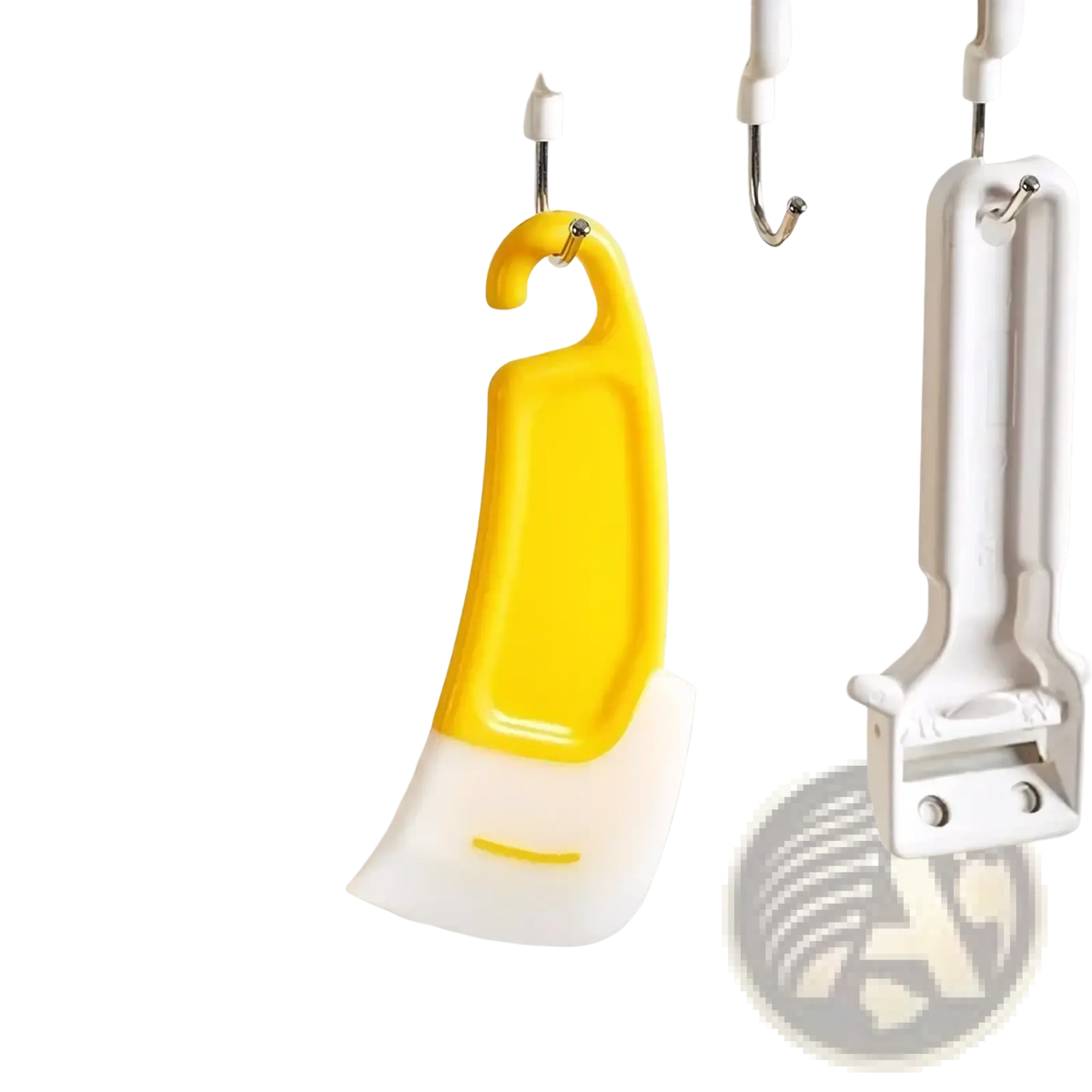 Bright yellow and white silicone kitchen pan scraper and dish cleaner tool with curved handle hanging from a hook