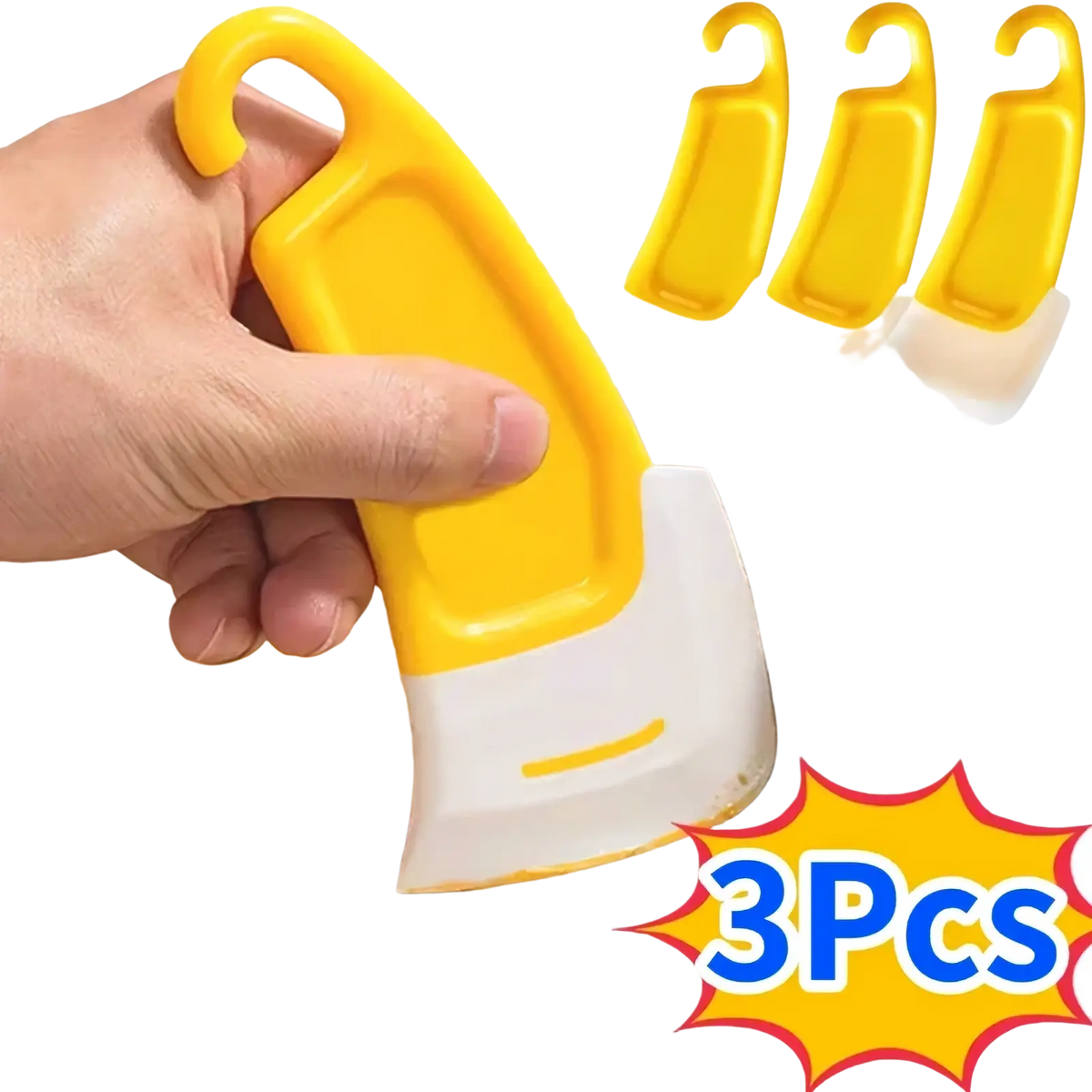 Yellow and white silicone kitchen pan scraper with hook handle designed for removing food residue from cookware
