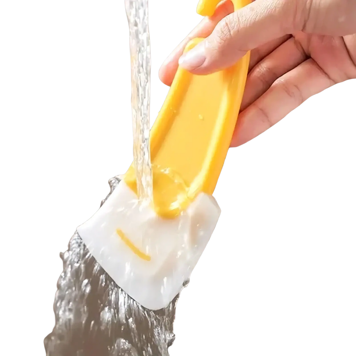 Yellow and white silicone kitchen pan scraper and dish cleaner tool with a smiling face design for dishwashing