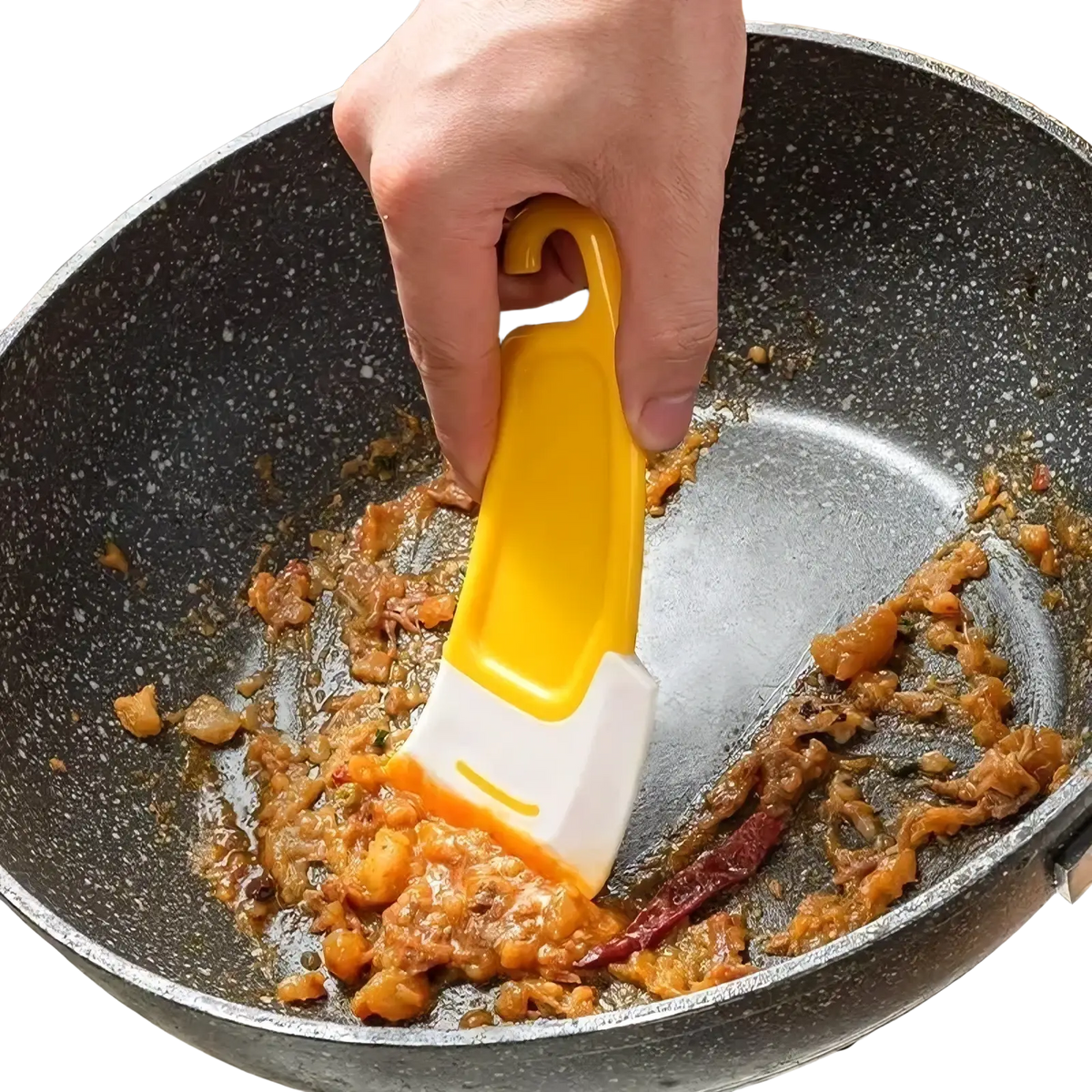 Yellow and white silicone kitchen pan scraper and dish cleaner tool with curved handle stirring food in a pan