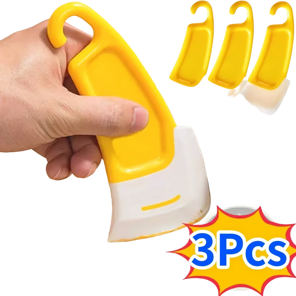 Yellow and white silicone kitchen pan scraper with hook handle designed for removing food residue from cookware