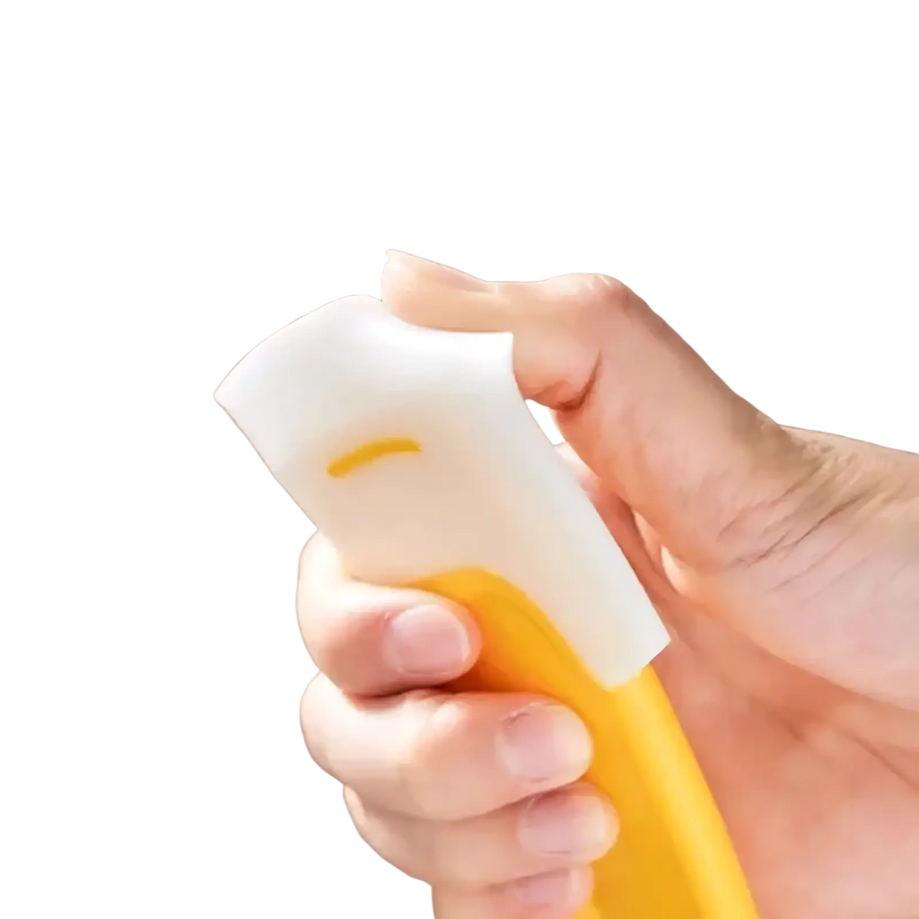 Yellow and white silicone kitchen pan scraper and dish cleaner tool with smiley face design for efficient cleaning