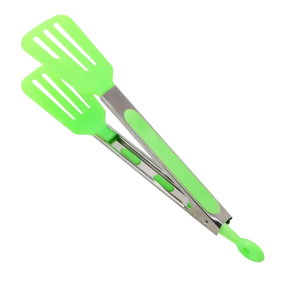 Bright green silicone kitchen tongs with stainless steel handle and non stick cooking utensil design